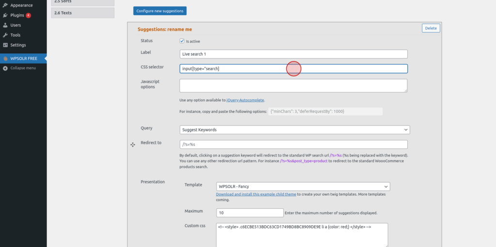 Enter the suggestions settings