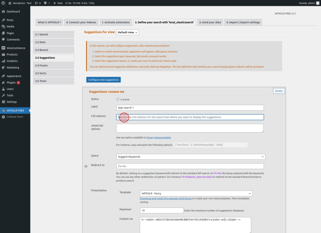 WPSolr : Write "input[type="search"]" to CSS selector field