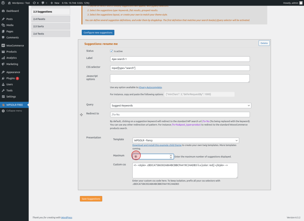 WPSolr : Write to " Enter the maximum number of suggestions displayed"