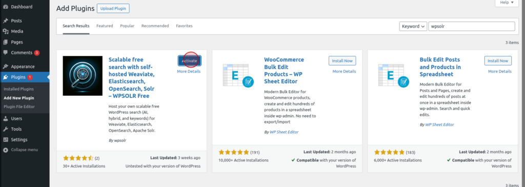 Activate WPSolr Free in the "Add Plugins page" page