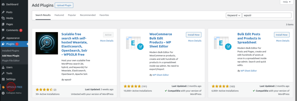 Click on the "WPSolr Free" button to access the settings