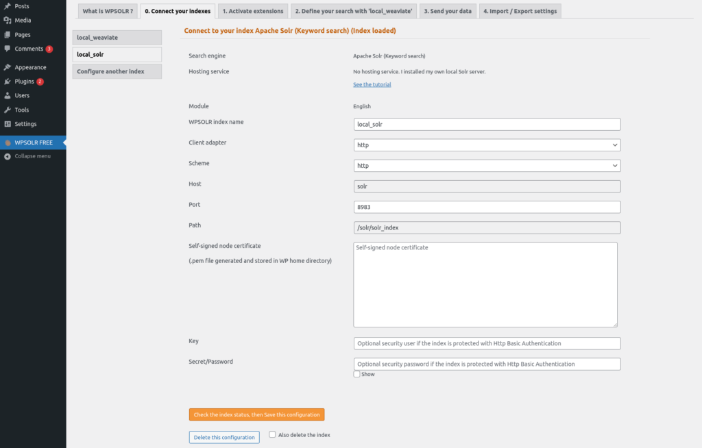 Create the Solr index in the WPSolr settings