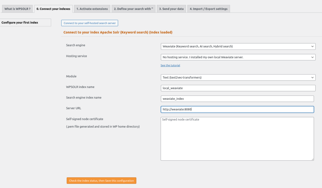 Weaviate index from the WPSolr settings page.