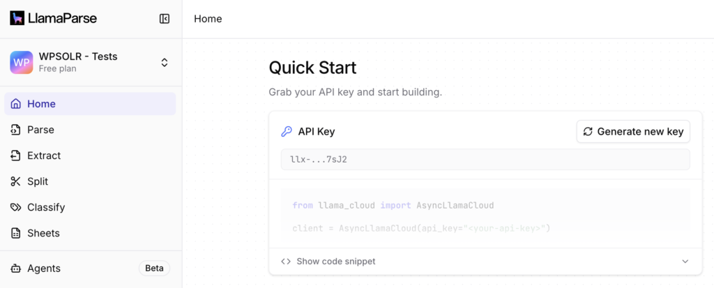 Image wpsolr-llamaparse-api-key-1024x413.png of Configure WPSOLR Parsing and Chunking