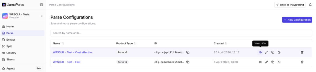 Image wpsolr-llamaparse-click-configuration-view-json-1024x234.png of Configure WPSOLR Parsing and Chunking