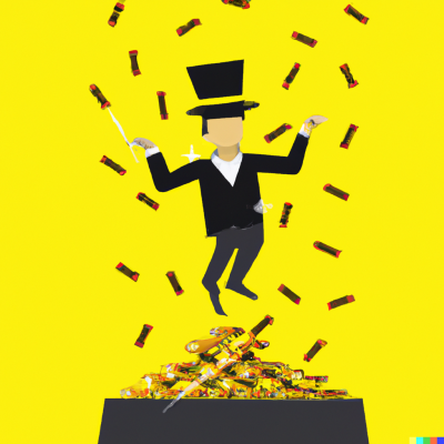 DALL·E 2023-01-07 13.08.09 - a scary magician over a pile of gold flat design
