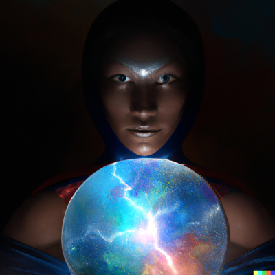 DALL·E 2023-01-07 13.33.43 - a crystal ball to another universe showing a superhero, digital art, no background