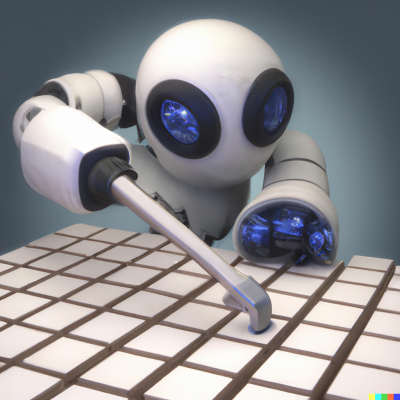 DALL·E 2023-01-07 13.49.07 - a 3D render of a robot using a hammer to make squares fit to round holes
