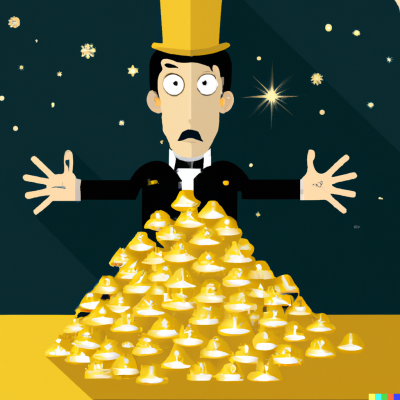 DALL·E 2023-01-07 14.57.21 - a scary magician over a pile of gold flat design