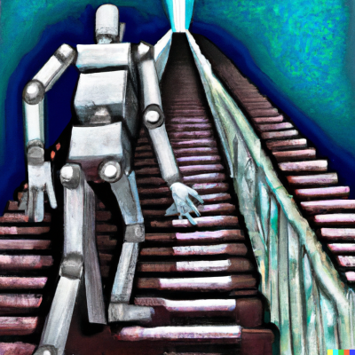 DALL·E 2023-01-12 11.46.07 - An oipaint of a man climbing an infinite stair while morphing to a robot