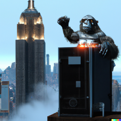 DALL·E 2023-02-02 12.41.59 - cyberpunk king-kong striking is chest on top of the empire state building
