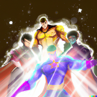 DALL·E 2023-02-02 23.40.05 - 3 superheroes fighting digital art