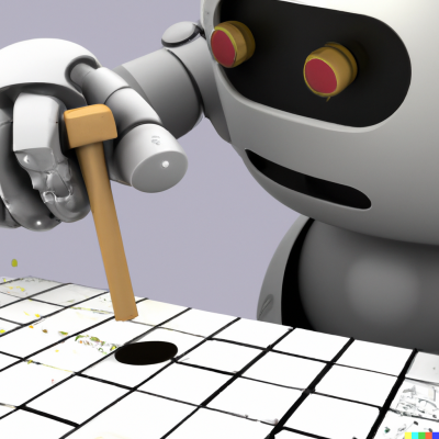 DALL·E 2023-02-03 16.48.43 - a realistic picture of robot useing a hammer to make squares fit to round holes