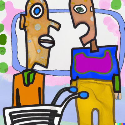 DALL·E 2023-02-08 11.06.43 - 2 mens shopping. One is bored, the other over excited. In the style of Picasso.