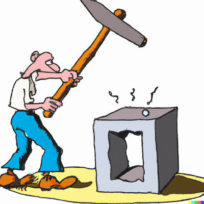 DALL·E 2023-03-06 11.22.04 - funny cartoon of trying to fit a square in a round hole with a huge hammer