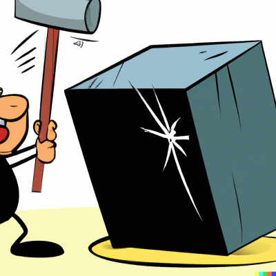 DALL·E 2023-03-15 14.41.37 - funny cartoon of trying to fit a square in a round hole with a huge hammer