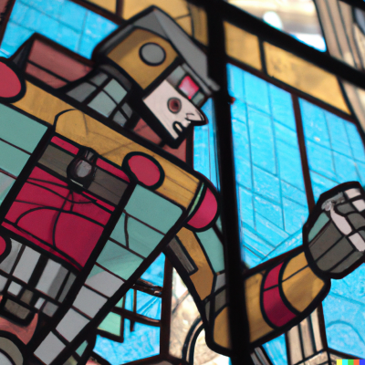 DALL·E 2023-05-05 18.00.09 - a stained glass window squizzing a giant robot
