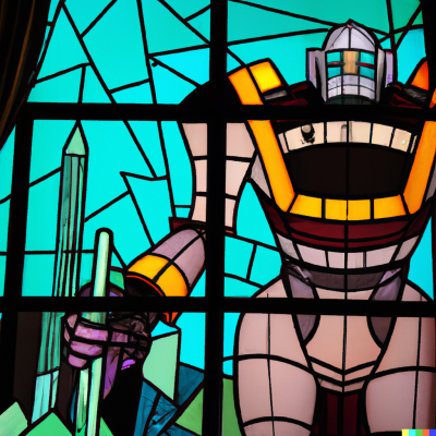 DALL·E 2023-05-08 12.50.20 - a stained glass window squizzing a giant robot