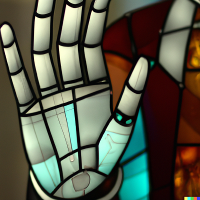 DALL·E 2023-05-13 20.05.40 - a robot showing his palm, stained glass