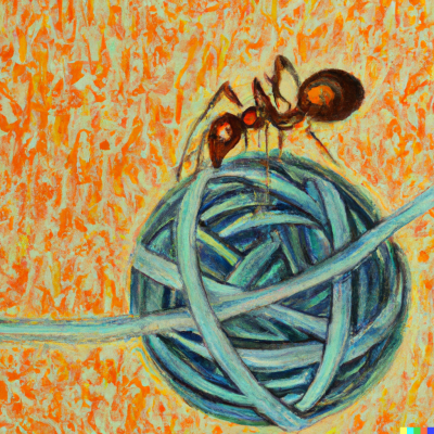 DALL·E 2023-05-26 12.32.06 - small ant looking at a huge intricate ball of strings, painting