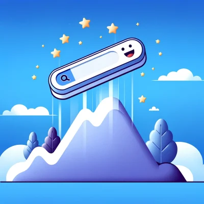 DALL·E 2024-03-01 15.09.26 - Create a flat design illustration that features a search bar as the central character, depicting it leveling up in a video game. The search bar has a