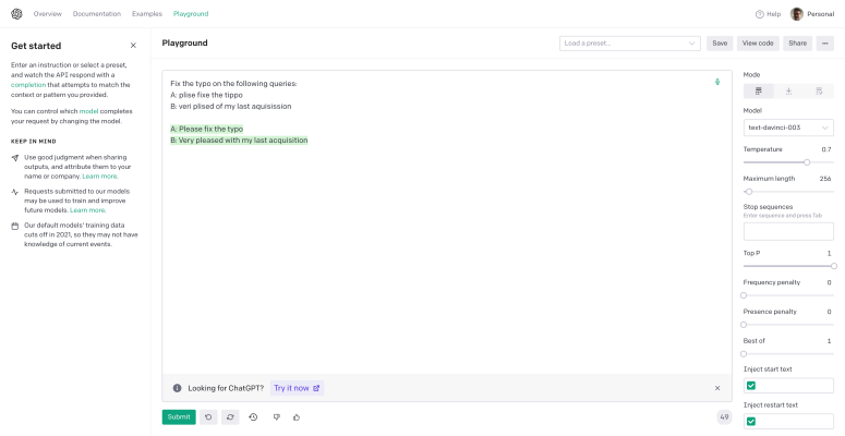openai-gpt3-typo-correction-playground